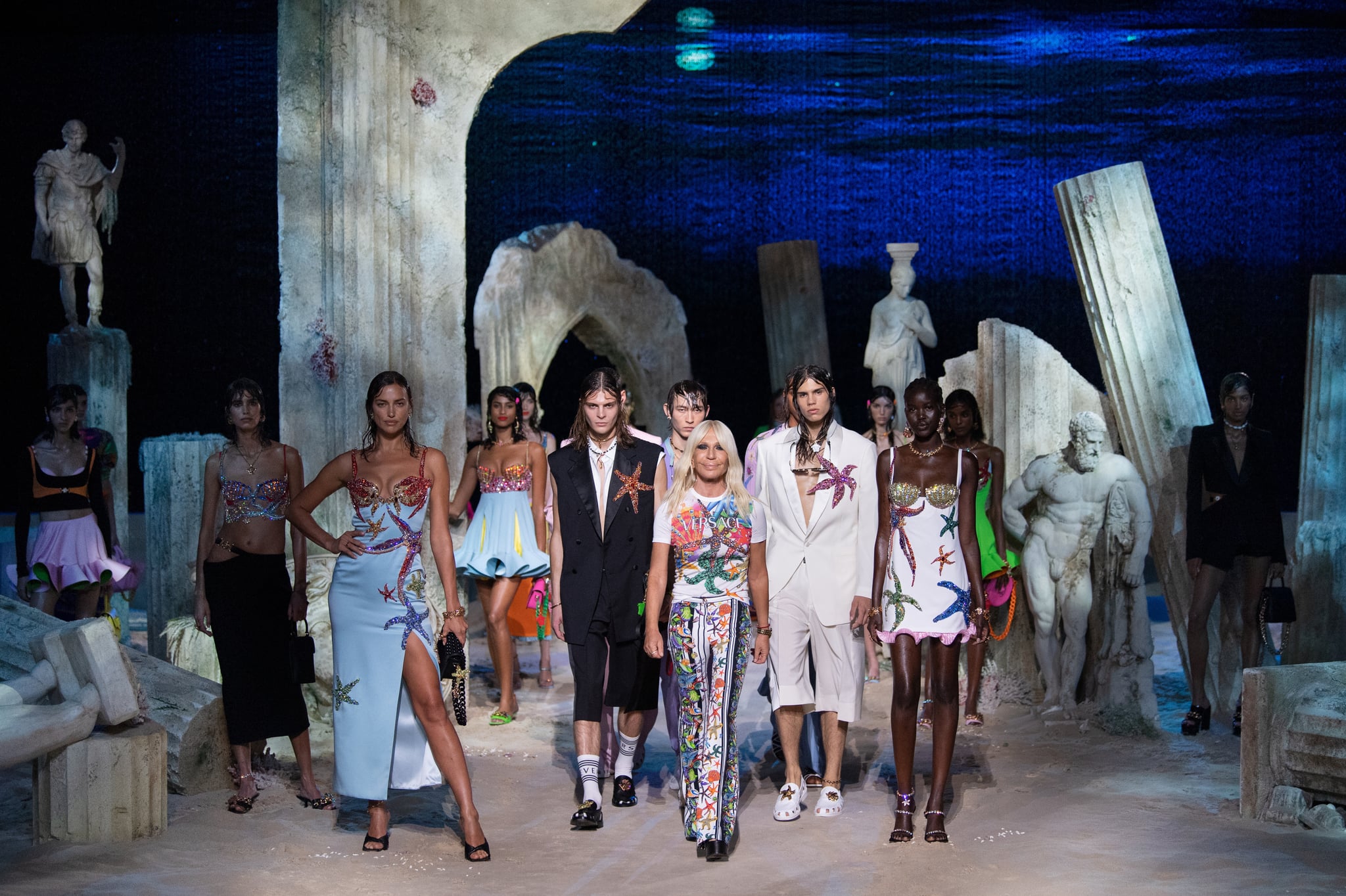 MILAN, ITALY - SEPTEMBER 25: Fashion designer Donatella Versace (C) walks the runway at the end of Versace fashion show during the Milan Women's Fashion Week on September 25, 2020 in Milan, Italy. (Photo by Handout/Versace Press Office via Getty Images)