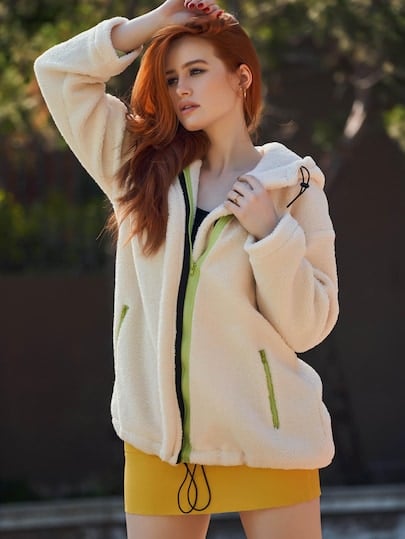 Shein x Madelaine Zip Up Drawstring Hooded Teddy Coat