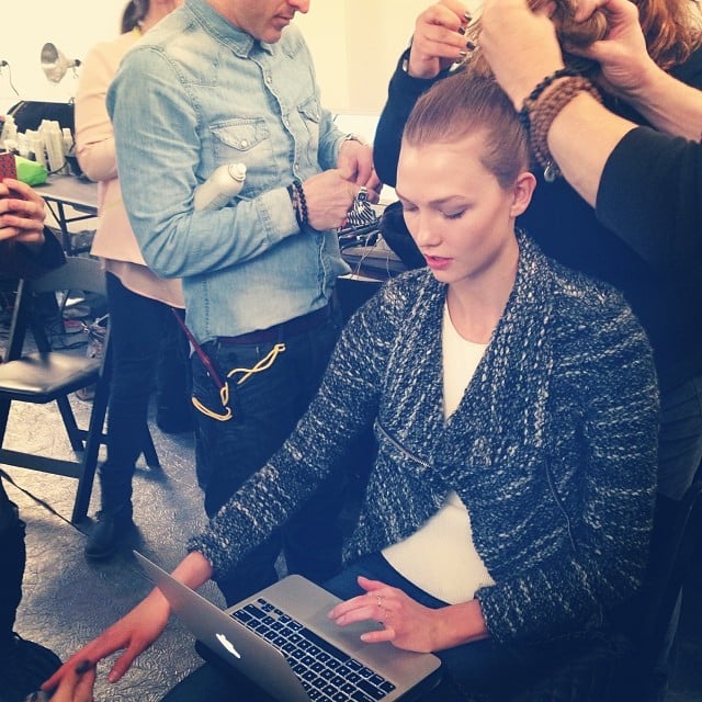 Karlie Kloss did some multitasking while in the hair-and-makeup chair during NYFW.
Source: Instagram user karliekloss