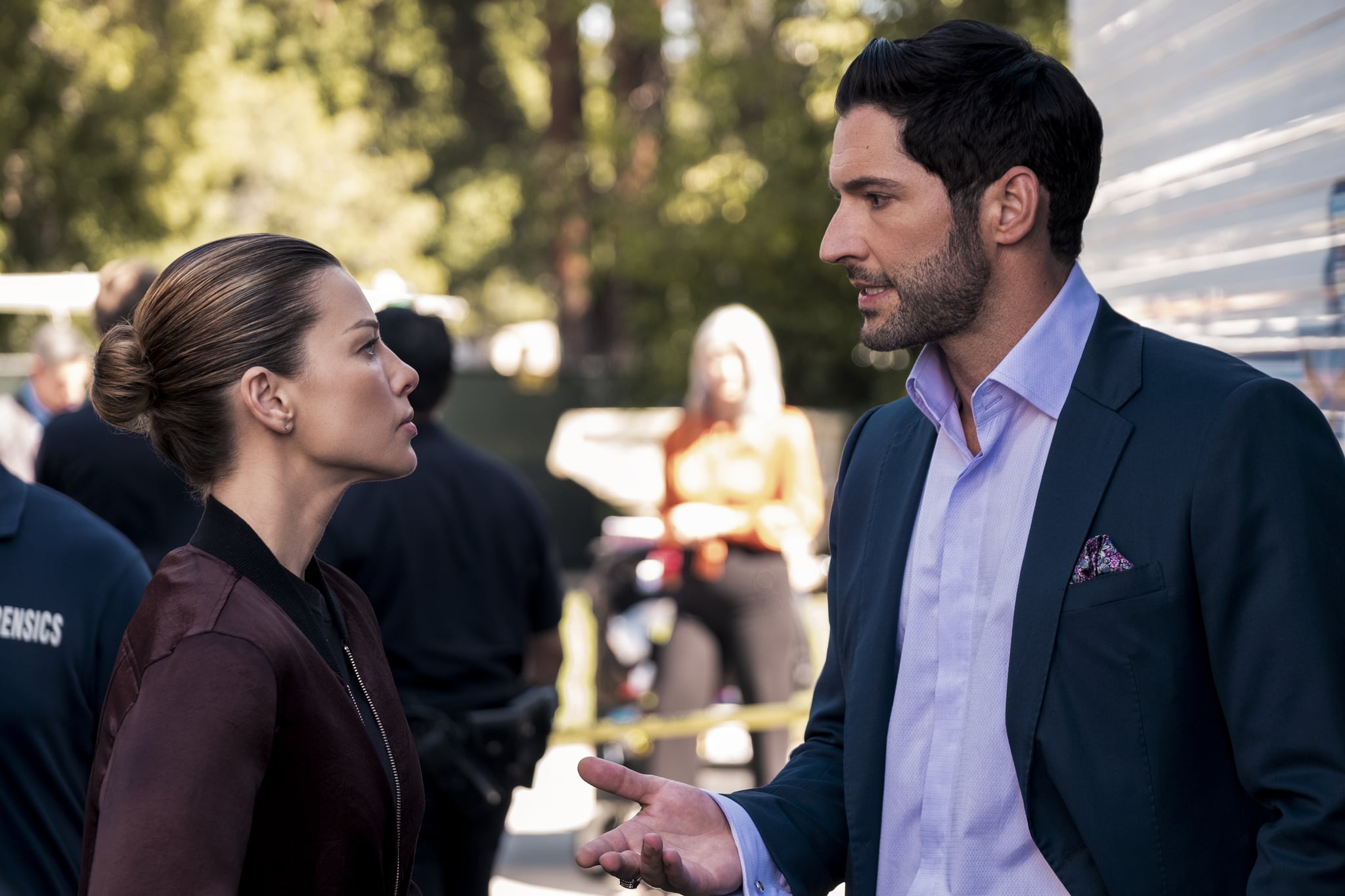 LUCIFER (L to R) LAUREN GERMAN as CHLOE DECKER and TOM ELLIS as LUCIFER MORNINGSTAR in episode 503 of LUCIFER Cr. JOHN P. FLEENOR/NETFLIX  2020