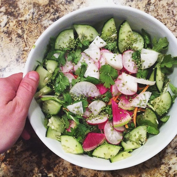 Watermelon radishes add a pop of color, and cilantro acts as an anti-inflammatory. 
Source: Instagram user byrachelp