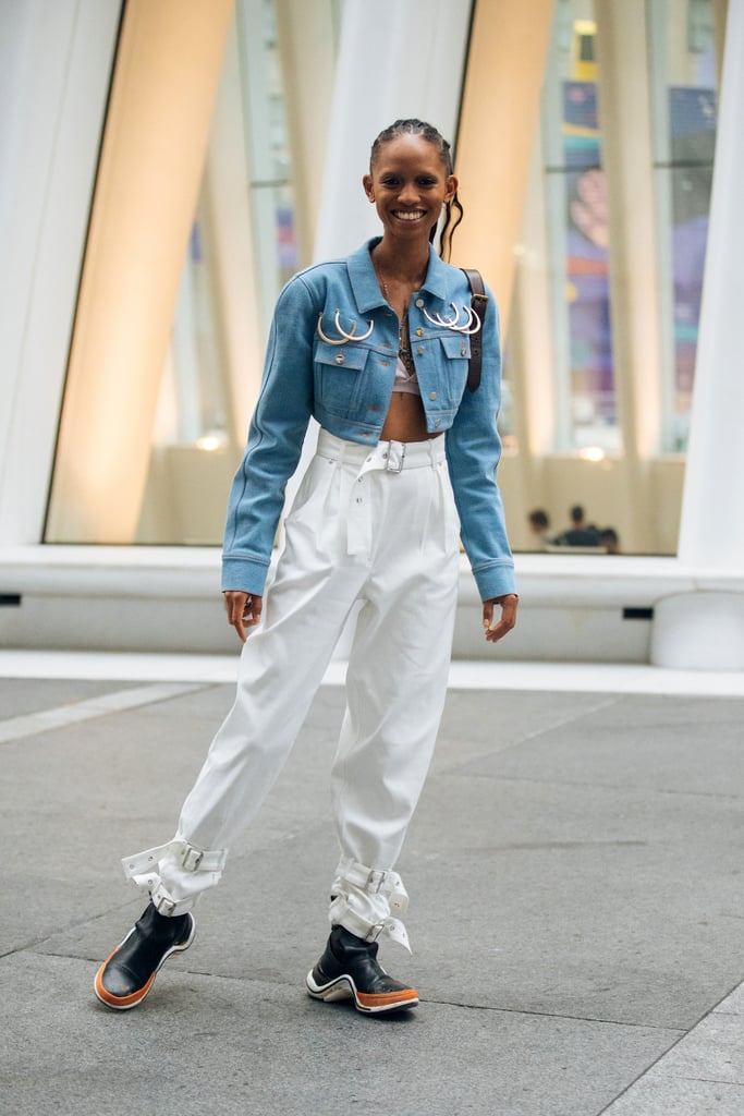 denim jacket with dress and sneakers