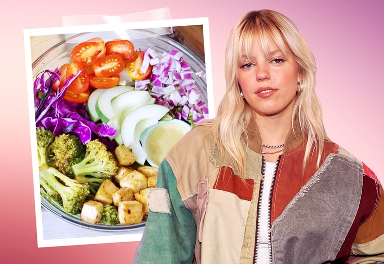 Renee Repp sweetgreen salad recipe: photo of finished salad and of Rapp in a colorful jacket on a pastel background