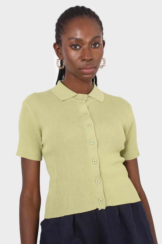 Glassworks London Light Green Ribbed Fine Knit Polo Top