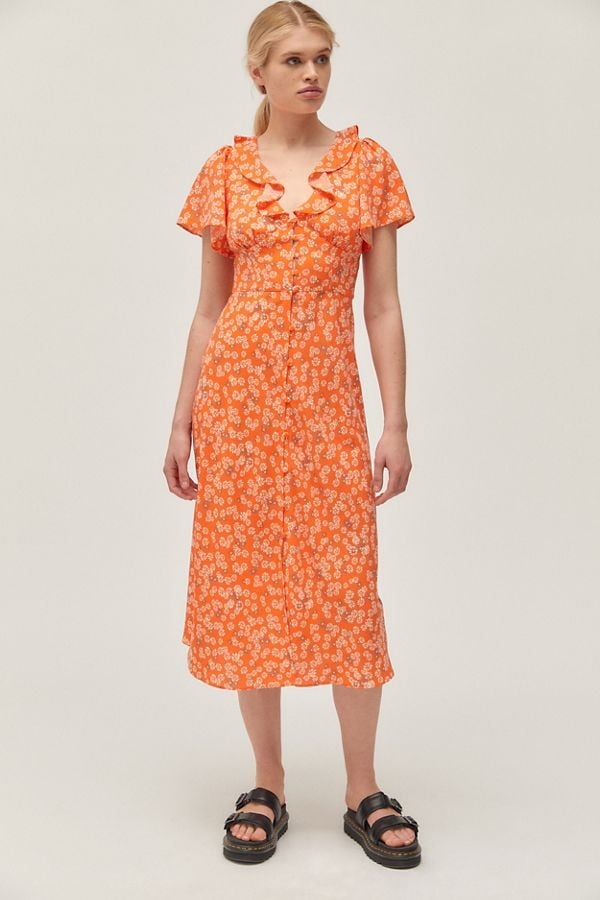 Urban Outfitters Heart Melter Button-Front Ruffle Midi Dress