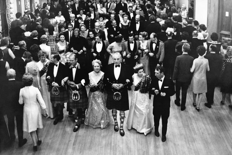 Prince Philip, the queen mother, and the queen at the annual Ghillies Ball