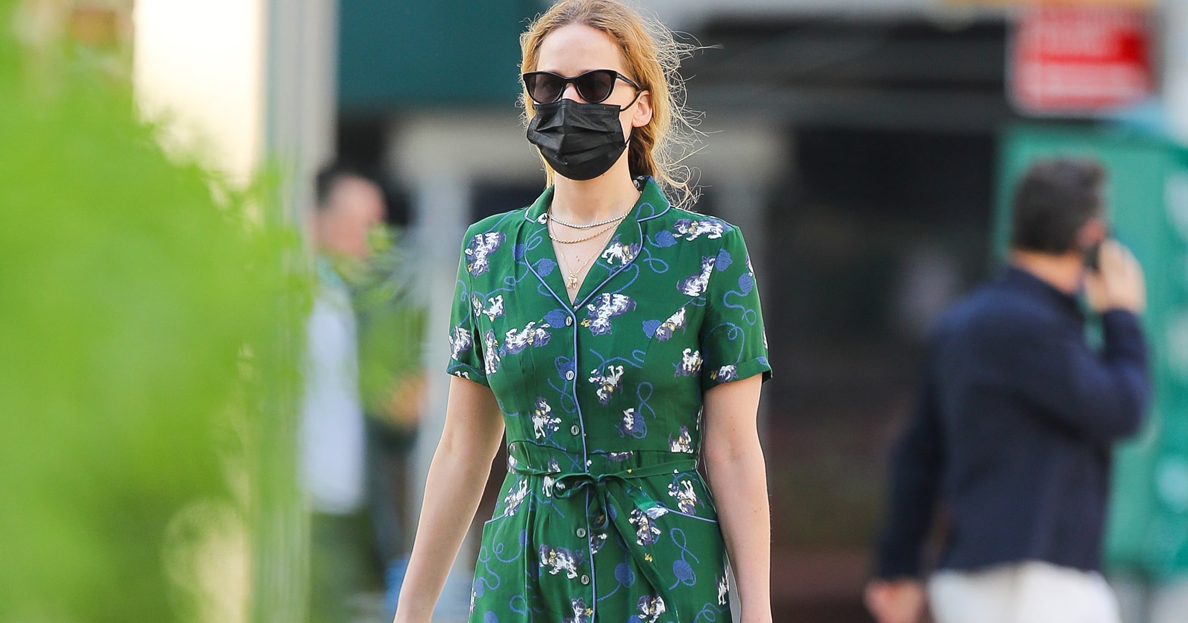 Shop Jennifer Lawrence's Green Cat-Print HVN Dress | PS Fashion