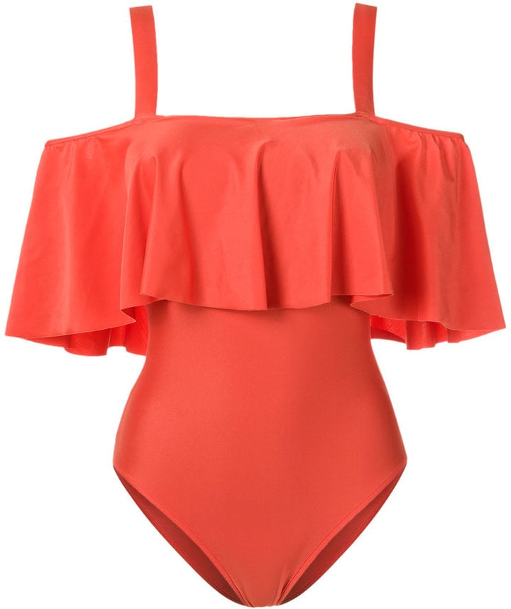This off-the-shoulder Adriana Degreas Ruffled Swimsuit ($537) is a fun way to try two trends at once.