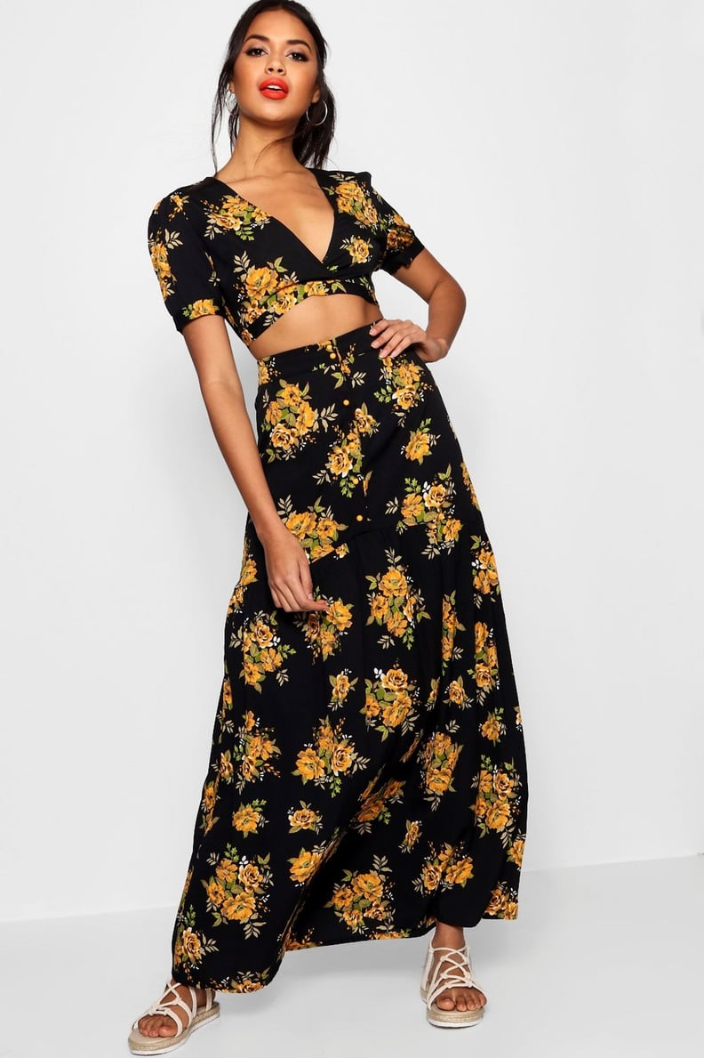 Boohoo Vic Floral Plunge Maxi Skirt Co-ord Set