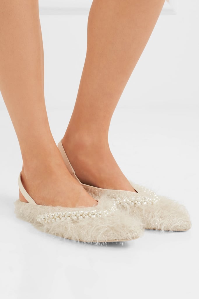 Simone Rocha Embellished Metallic Faux Shearling and Leather Slingback Flats