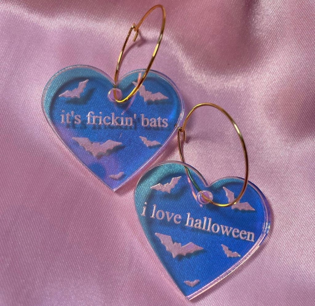 Iridescent IT'S FRICKIN' BATS Halloween Heart Hoop Earrings