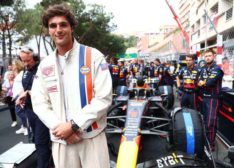 MONTE-CARLO, MONACO - MAY 29: Jacob Elordi poses for a photo with the car of Max Verstappen of the Netherlands and Oracle Red Bull Racing on the grid during the F1 Grand Prix of Monaco at Circuit de Monaco on May 29, 2022 in Monte-Carlo, Monaco. (Photo by