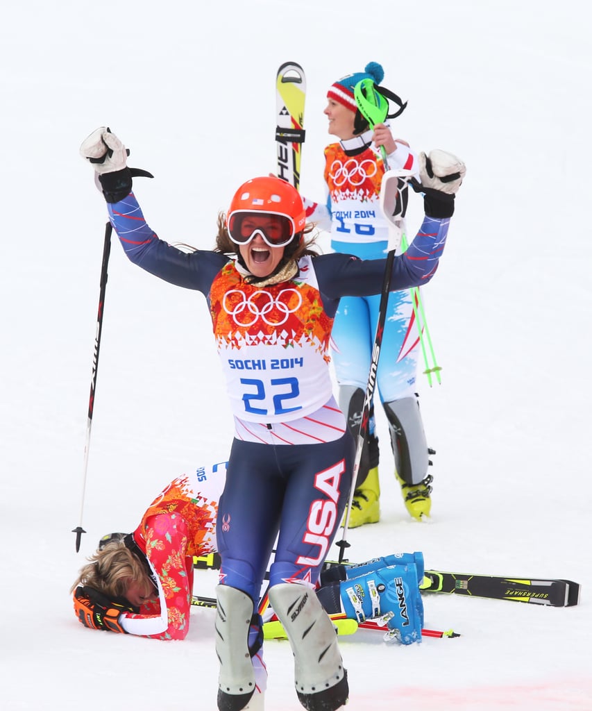 Gold, silver, and bronze medalists Maria Hoefl-Riesch of Germany, Nicole Hosp of Austria, and Julia Mancuso of Team USA celebrated after the alpine skiing women's super combined slalom event.