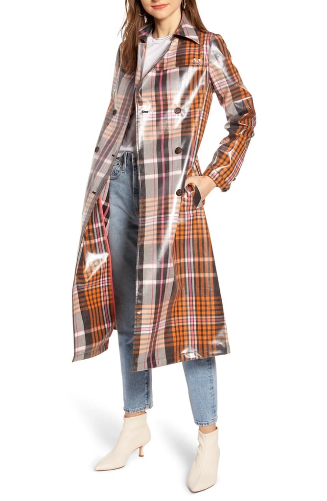 Something Navy Water Resistant Plaid Glossy Trench Coat