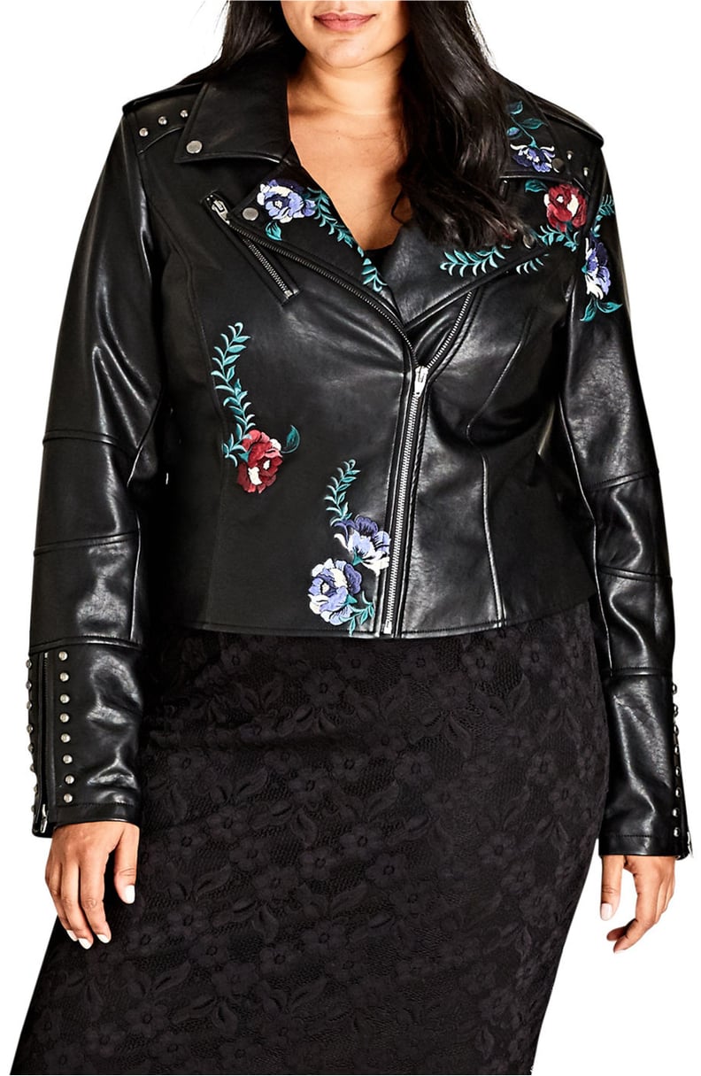 City Chic Embroidered Rose Biker Jacket