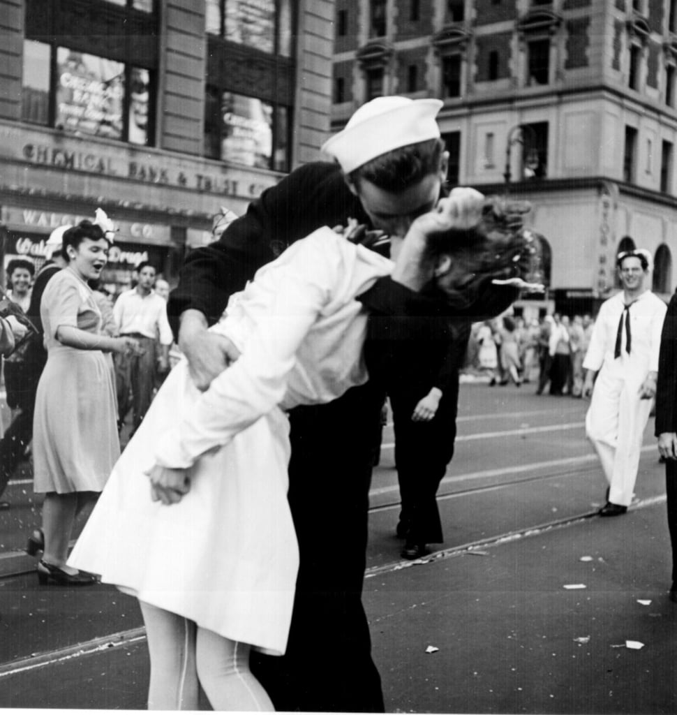 An American sailor kissed a young nurse in this iconic photo from V-J Day in Times Square in NYC on Aug. 14, 1945.