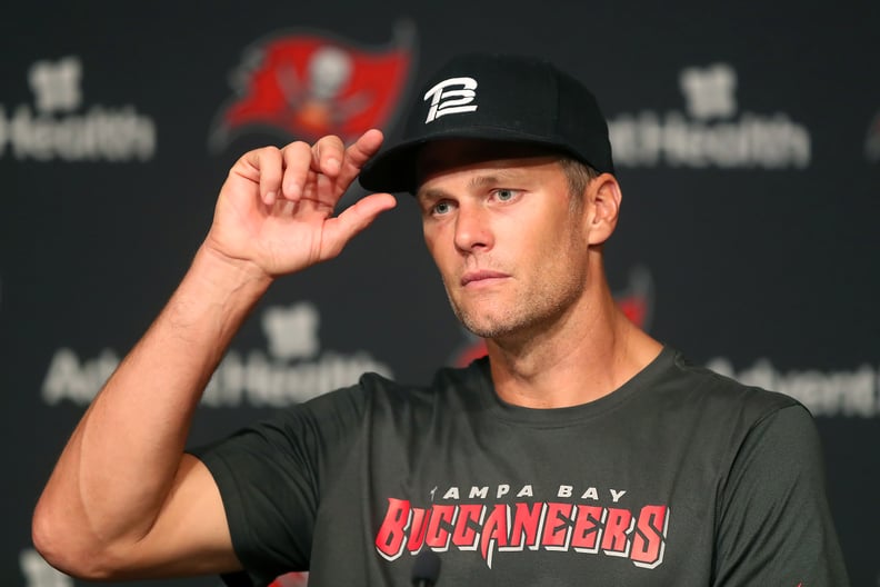 TAMPA, FL - JUN 09: Tampa Bay Buccaneers quarterback Tom Brady (12) speaks to the media after the Tampa Bay Buccaneers Minicamp on June 09, 2022 at the AdventHealth Training Center at One Buccaneer Place in Tampa, Florida. (Photo by Cliff Welch/Icon Sport