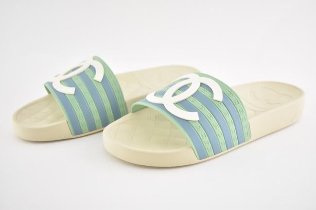 Chanel White 18p Green Blue Stripe Maxi Cc Logo Mule Pool Slide