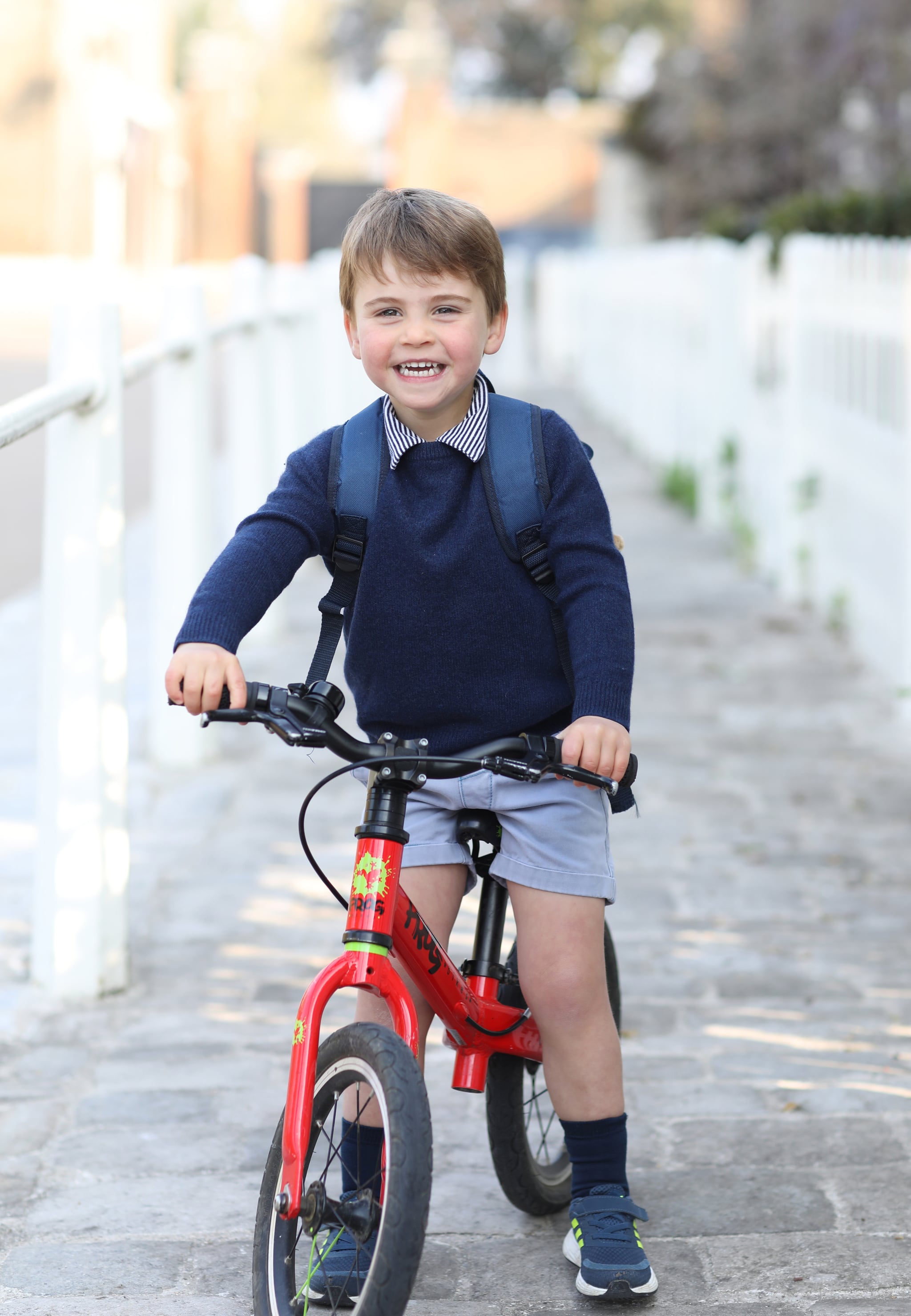 LONDON, UNITED KINGDOM - APRIL 21: ***This photograph must not be used after 31st December 2021 without prior permission from Kensington Palace. MANDATORY CREDIT: The Duchess of Cambridge.*** In this handout photo issued on April 22, 2021 by Kensington Palace and taken by Catherine, Duchess of Cambridge, Prince Louis rides his bicycle at home, prior to leaving for his first day of nursery at the Willcocks Nursery School, at Kensington Palace on April 21, 2021 in London, England. NEWS EDITORIAL USE ONLY. NO COMMERCIAL USE. NO MERCHANDISING, ADVERTISING, SOUVENIRS, MEMORABILIA or COLOURABLY SIMILAR. This photograph is provided to you strictly on condition that you will make no charge for the supply, release or publication of it and that these conditions and restrictions will apply (and that you will pass these on) to any organisation to whom you supply it. There shall be no commercial use whatsoever of the photographs (including by way of example only) any use in merchandising, advertising or any other non-news editorial use. The photographs must not be digitally enhanced, manipulated or modified in any manner or form and must include all of the individuals in the photograph when published. All other requests for use should be directed to the Press Office at Kensington Palace in writing. NOTE TO EDITORS: This handout photo may only be used in for editorial reporting purposes for the contemporaneous illustration of events, things or the people in the image or facts mentioned in the caption. Reuse of the picture may require further permission from the copyright holder. (Photo by The Duchess of Cambridge/Kensington Palace via Getty Images)