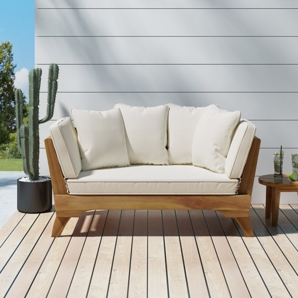 A Daybed: Finleigh Outdoor Acacia Wood Daybed Beige