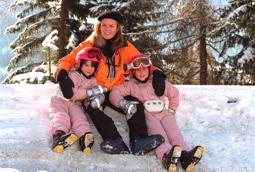 Sarah posed with her girls while on a ski trip in Switzerland back in 1997.