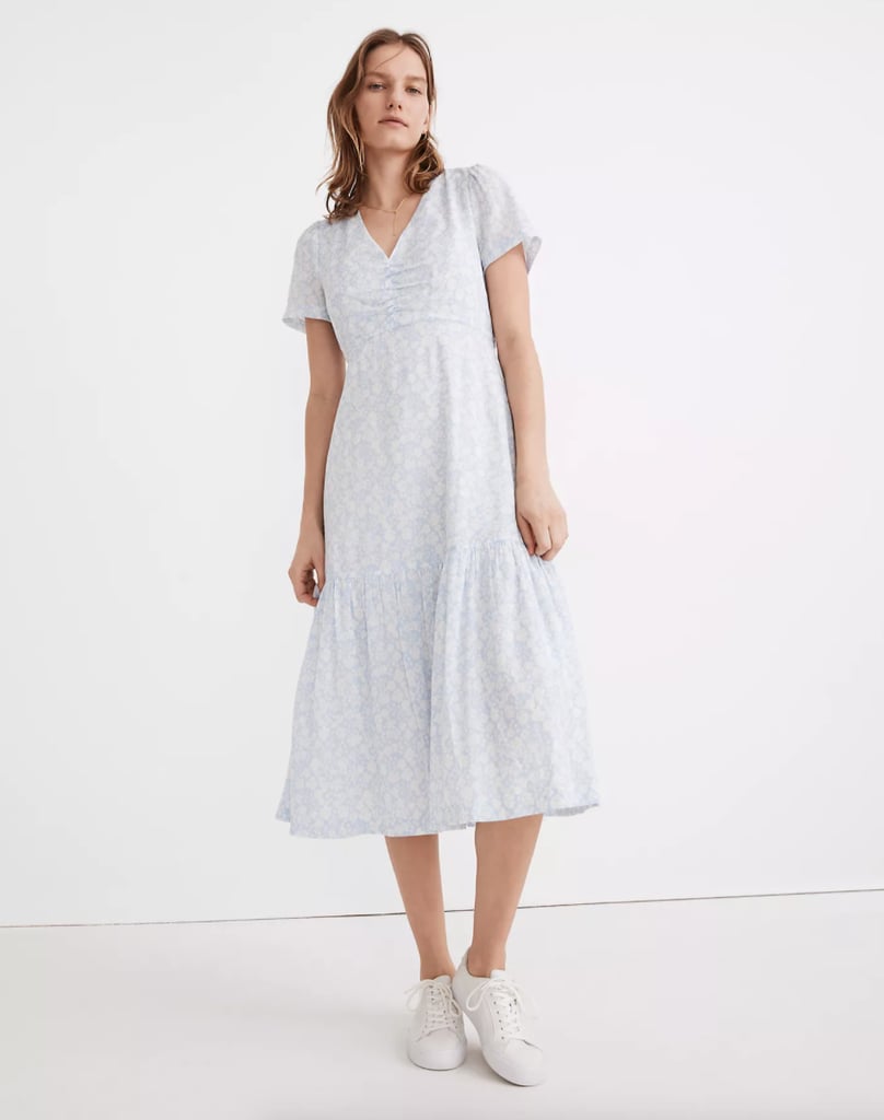 Madewell Ruched-Front Ruffle-Hem Midi Dress