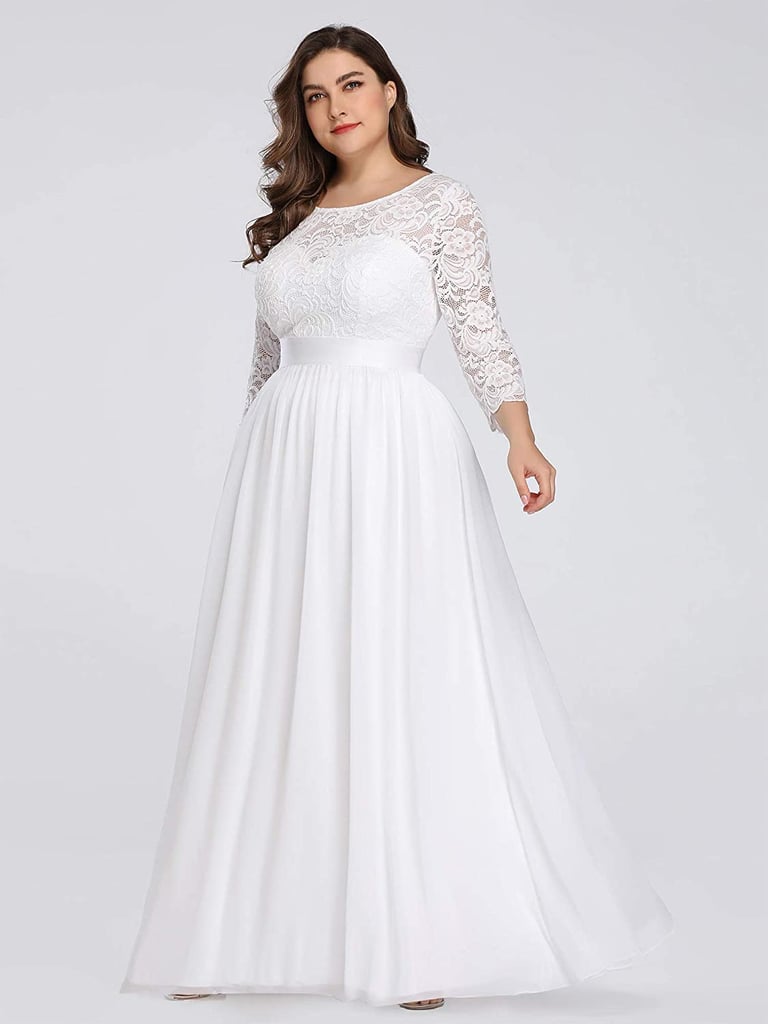 Ever-Pretty Curve A-Line 3/4 Lace Sleeve Chiffon Wedding Gown