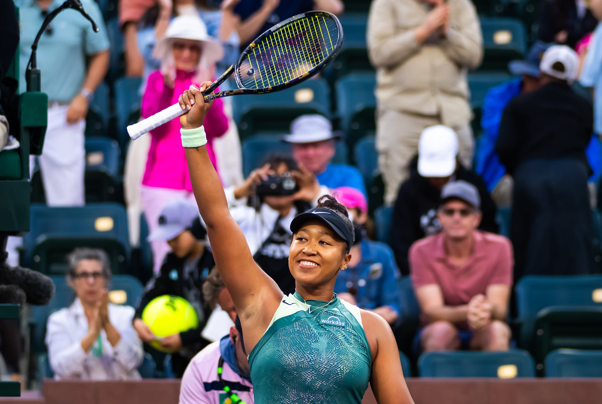 INDIAN WELLS, CALIFORNIA - MARCH 09: Naomi Osaka of Japan reacts to defeating Liudmila Samsonova in the second round on Day 7 of the BNP Paribas Open at Indian Wells Tennis Garden on March 09, 2024 in Indian Wells, California (Photo by Robert Prange/Getty Images)