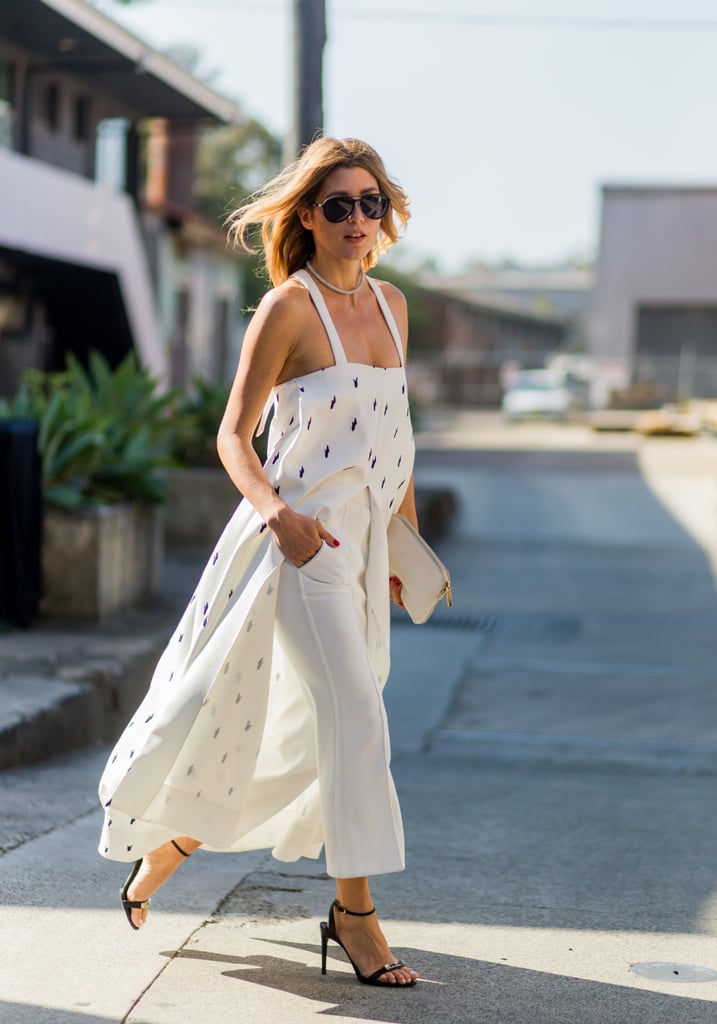 Layer a Long Tunic Over Cropped White Pants and Complete With Heels