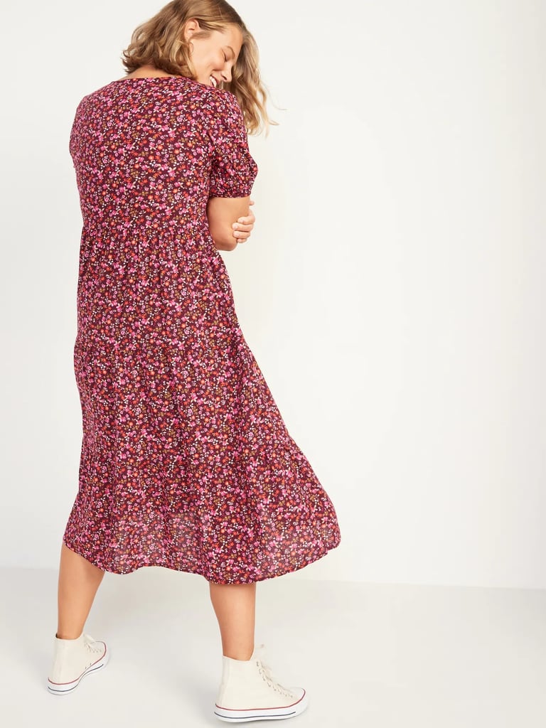 Floral Puff-Sleeve Button-Front Midi Swing Dress For Women