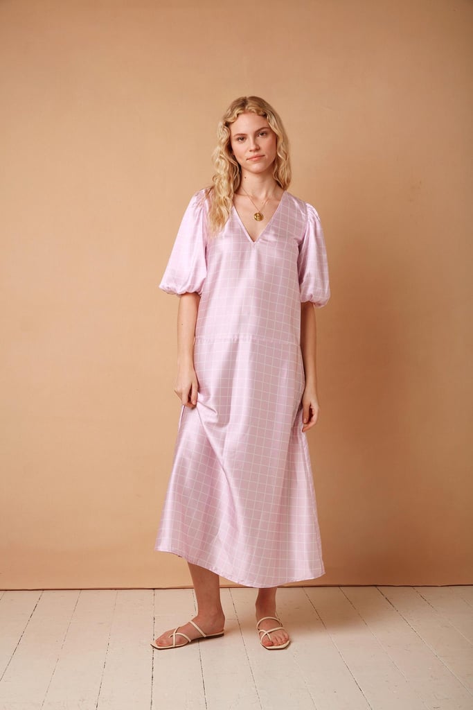 OMNES Puff Sleeve Smock Midi Dress in Pink Grid Print