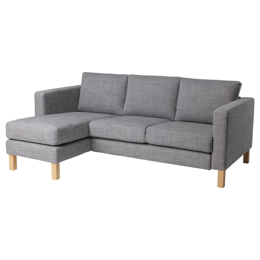 I started with a Karlstad sectional couch that came with classic Ikea birch legs and a grey cover. The sofa starts at $399.