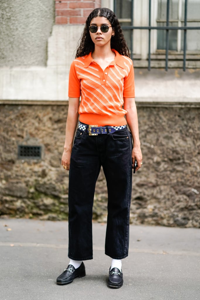 Go For a Menswear-Inspired Look With an Orange Striped Shirt, Dark Denim, and Loafers