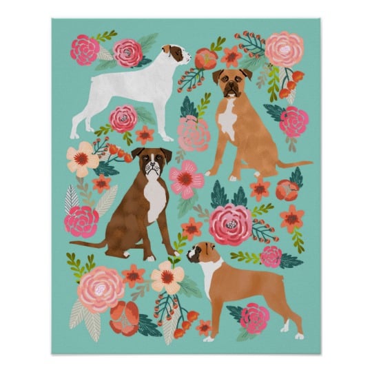 Boxer Dog Floral Art Print