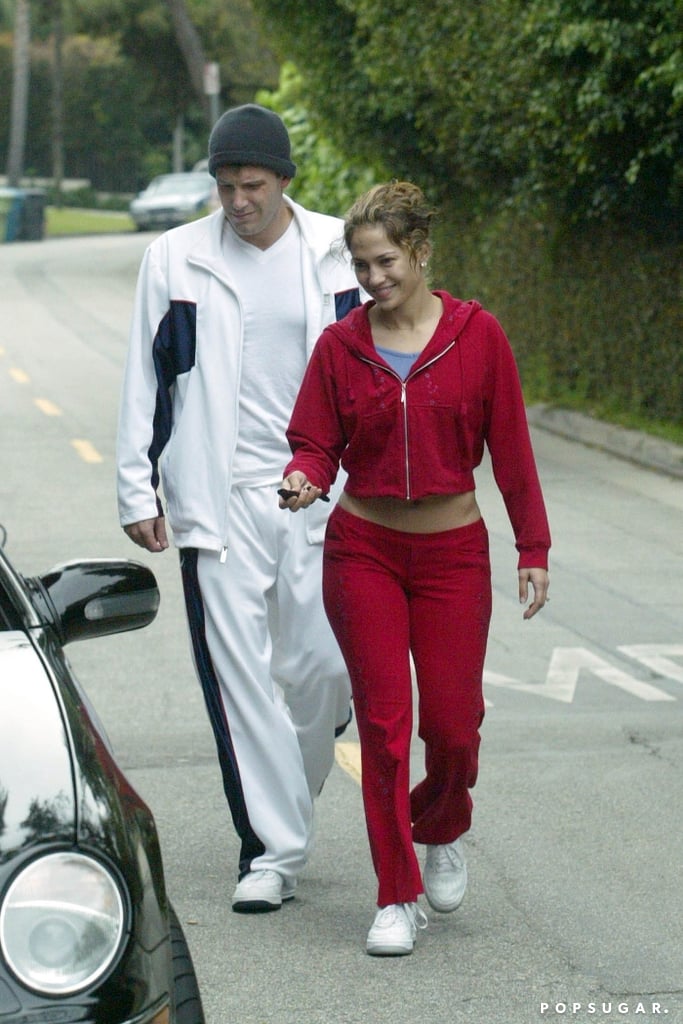 Here she is wearing a bright red low-rise tracksuit.