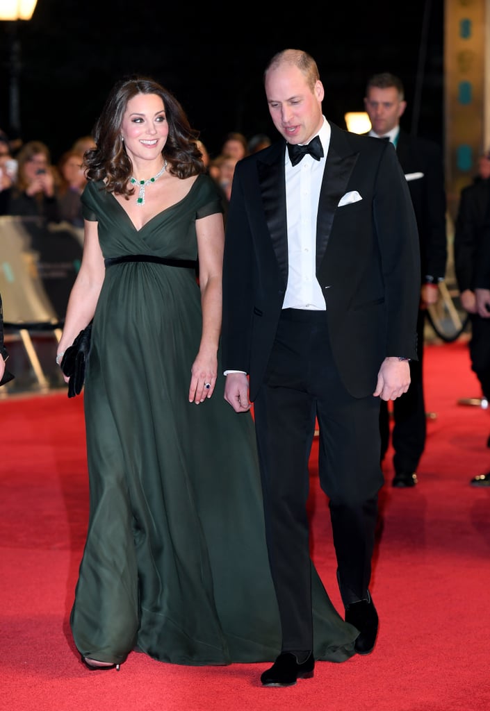 For the BAFTAs, Kate showed off her glamorous side in a beautiful dark green Jenny Packham gown and emerald jewels.