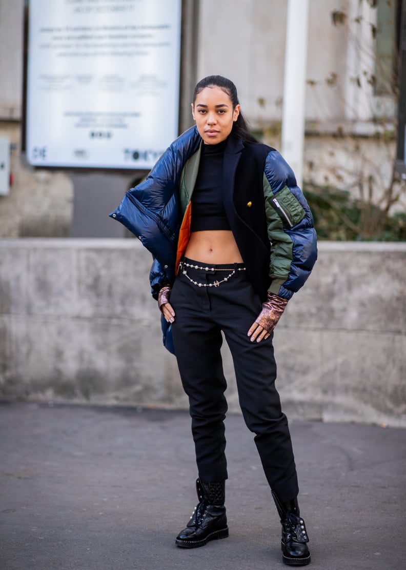 Style a Turtleneck Crop Top With Black Pants and a Puffer