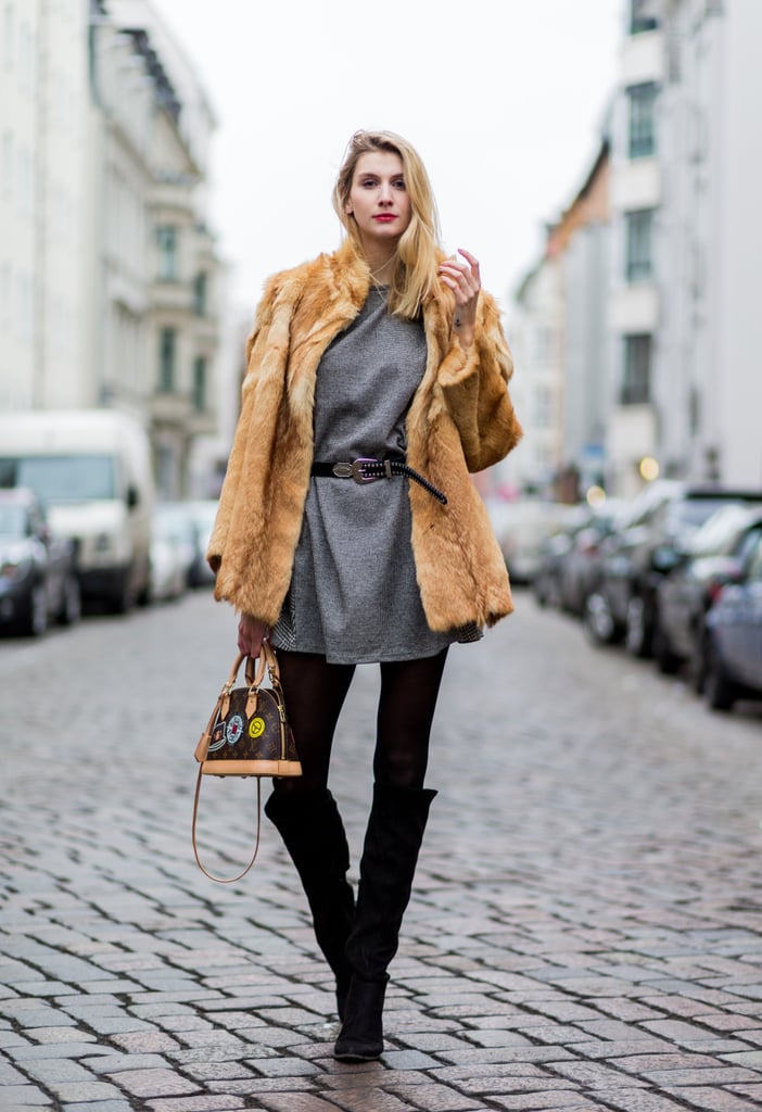 With a Grey Dress, a Furry Coat, and Black Over-the-Knee Boots ...