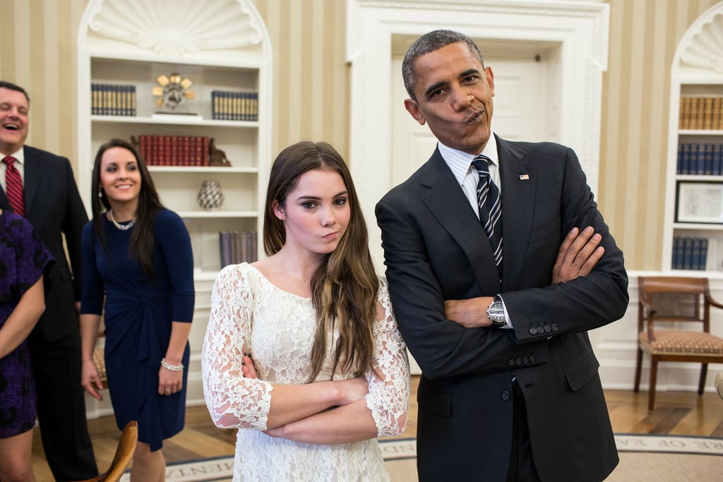 When Olympic gymnast McKayla Maroney visited The White House in November 2012,  President Obama joined her in her iconic "not impressed" expression that went viral after the 2012 Games.
Source: Flickr user The White House