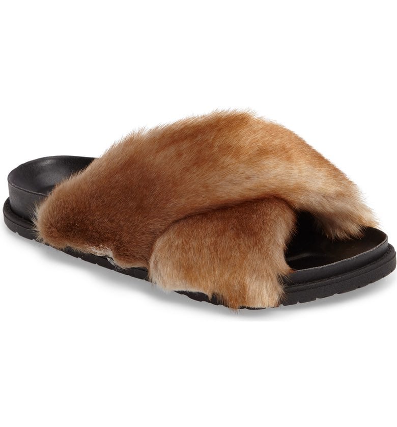 Jancoco Max Faux Fur Slides Women's Fur Fluffy Slippers Furry Slides Summer Sandals Open Toe Indoor Outdoor Fuzzy Slides 