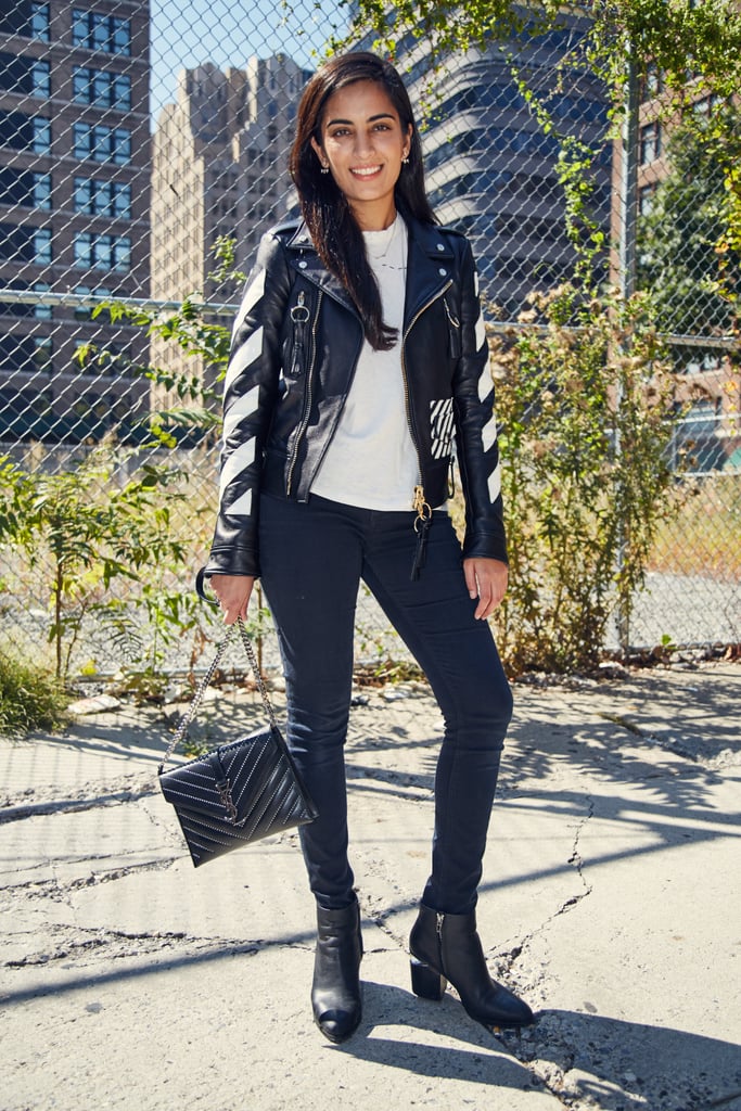 On Nikita: Off-White leather jacket, Rag & Bone jeans and tee, Alexander Wang boots, and YSL handbag.