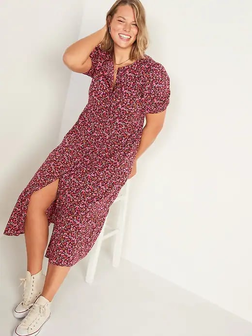 Old Navy Floral Puff-Sleeve Button-Front Midi Swing Dress