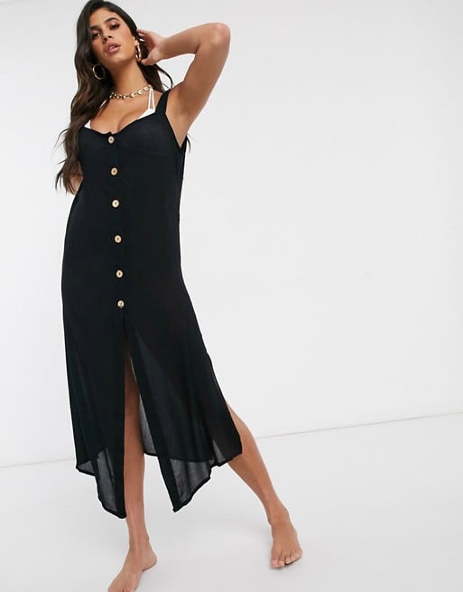Akasa Exclusive Maxi Beach Dress With Button Front in Black
