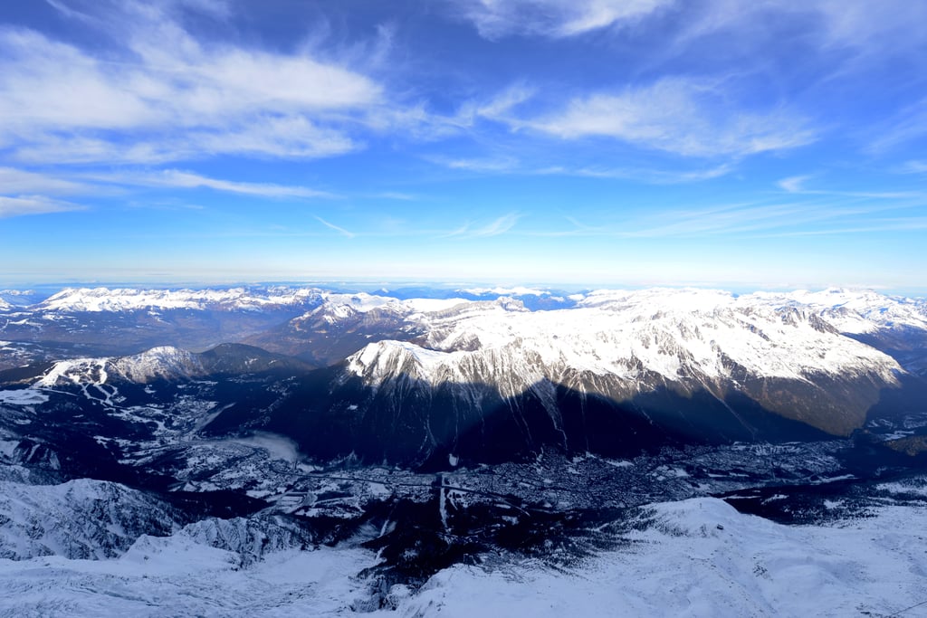 The French Alps were covered in snow on a sunny day in December.