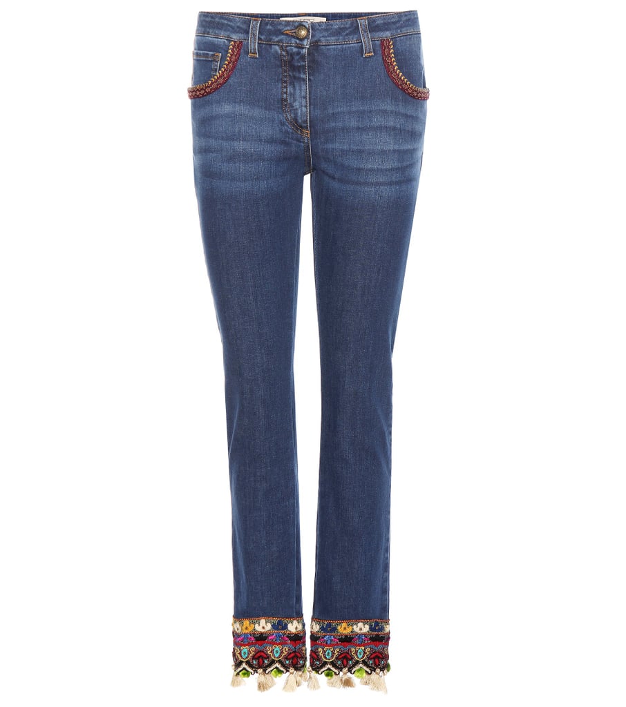 Keep a boho-inspired patchwork pair in rotation and consider splurging on denim that's super special, like Etro's Embellished Straight Leg Jeans ($1,610).