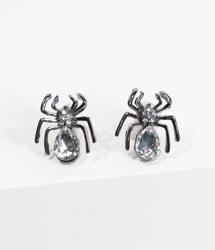 925 Sterling Silver Crystal Spider Stud Earrings Halloween 9x5mm & Gift Box