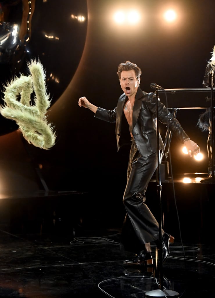 Harry Styles Wears Leather Suit and Fuzzy Scarf For Grammys