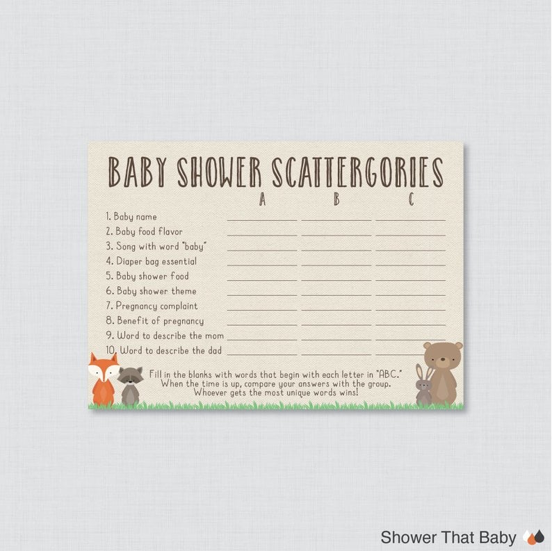 Woodland Baby Shower Printable Scattergories Game