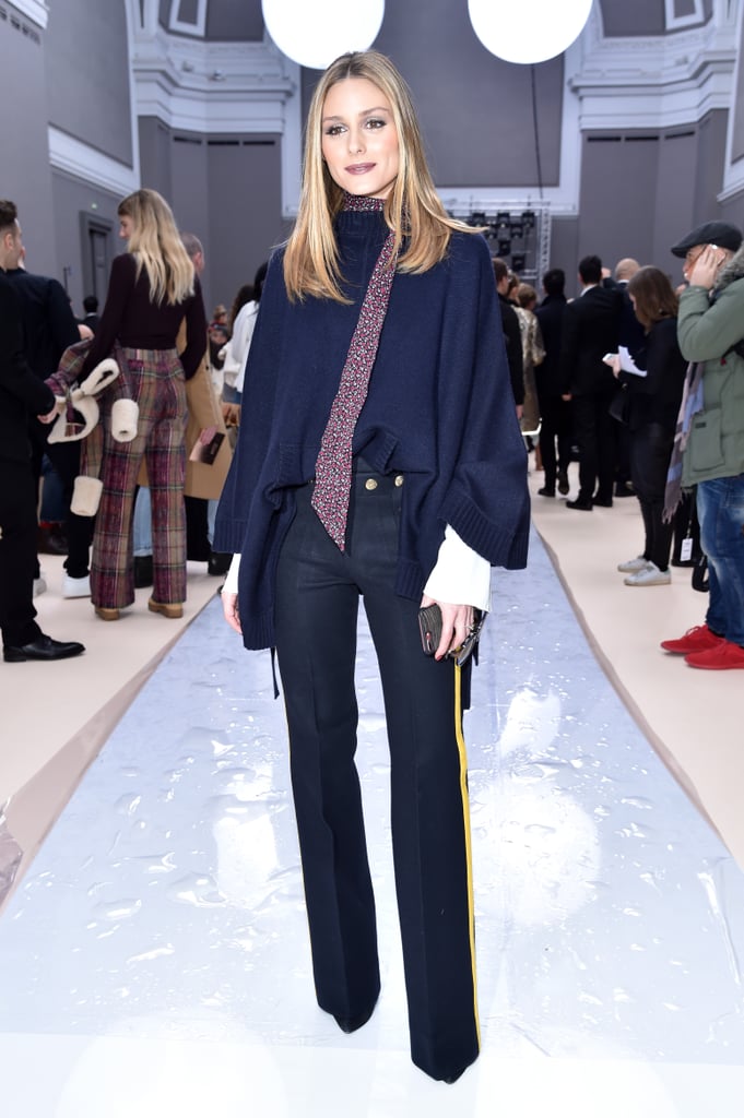 Olivia's look at Chloe could convince anyone that track pants can be chic — just add heels and a luxe knit top.