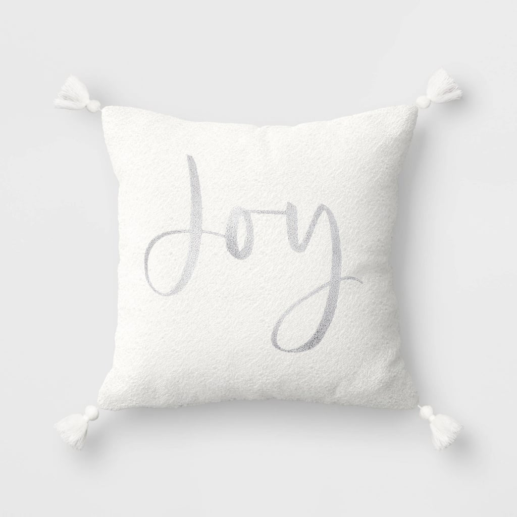 A Festive Throw Pillow: Threshold 'Joy' Embroidered Boucle Square Christmas Throw Pillow